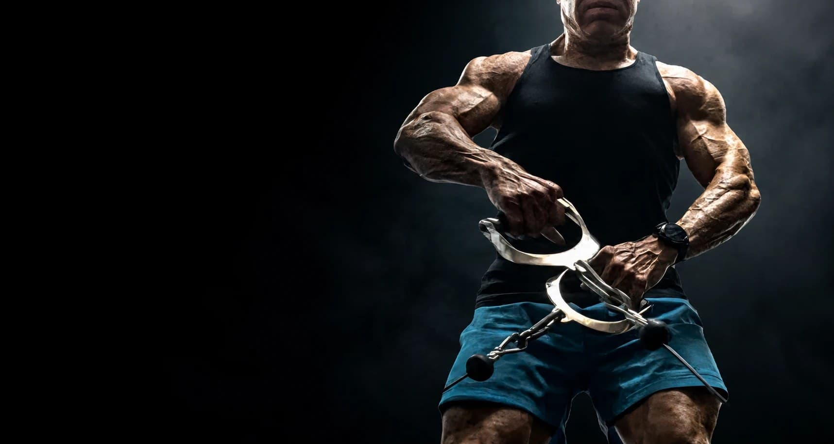 An athlete pulling a cable handle across his body under dramatic studio light